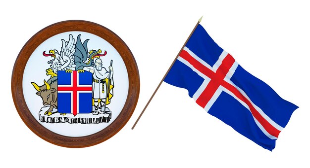 Antecedentes para editores e designers Ilustração 3D de feriado nacional Bandeira e o brasão de armas da Islândia