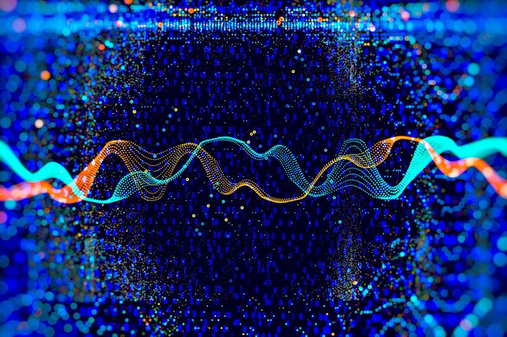Foto antecedentes tecnológicos abstractos de ciencia de datos en colores vibrantes con ondas borrosas banner de alta tecnología futurista
