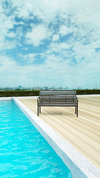 Antecedentes de la terraza al aire libre y el banco del sofá con una hermosa representación de ilustración 3D en la azotea de la piscina