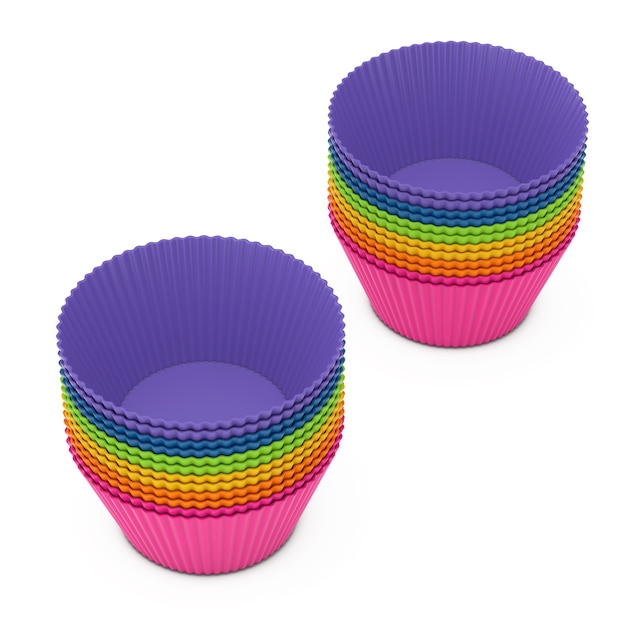 Anteil an bunten Cupcake-Silikon-Cups auf weißem Hintergrund. 3D-Rendering