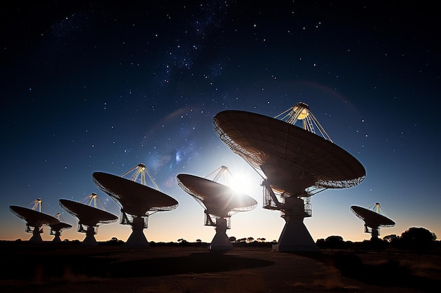 Foto una antena parabólica contra un cielo lleno de estrellas