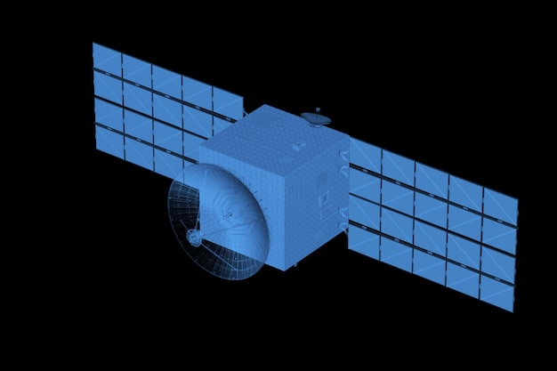 Antena de satélite de renderizado 3D con panel solar de rayos X o escaneo en azul transparente aislado sobre fondo negro