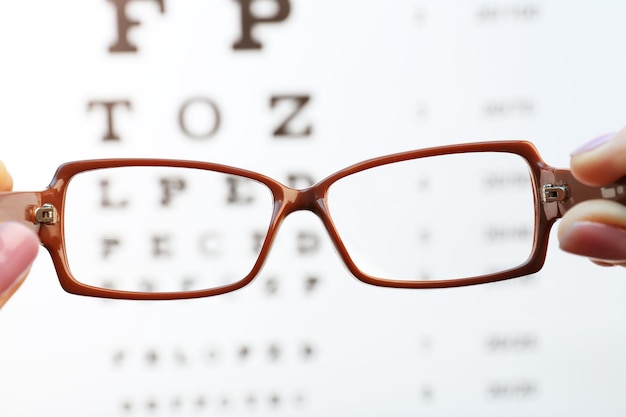 Anteojos en manos femeninas en el fondo del gráfico de prueba de la vista