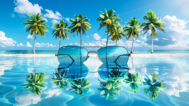 anteojos de sol y gafas de sol están en la playa en el agua