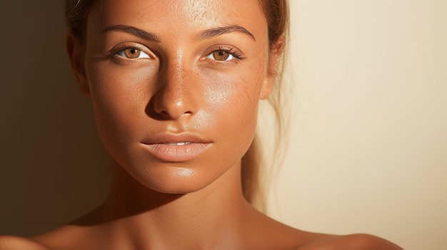 Foto antes y después de la loción o spray bronceado en la cara de la mujer