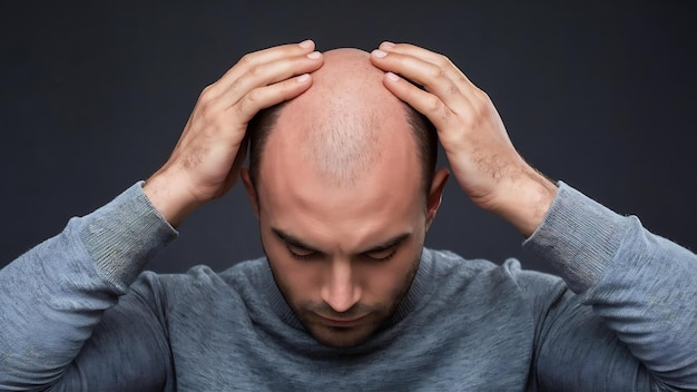 Antes y después del tratamiento de la calvicie detalles del cabello de un hombre