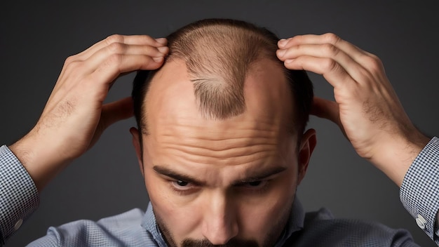 Antes y después del tratamiento de la calvicie detalles del cabello de un hombre