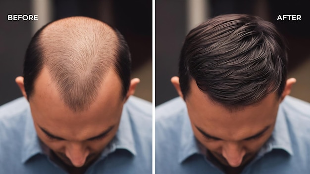 Antes y después del tratamiento de la calvicie detalles del cabello de un hombre