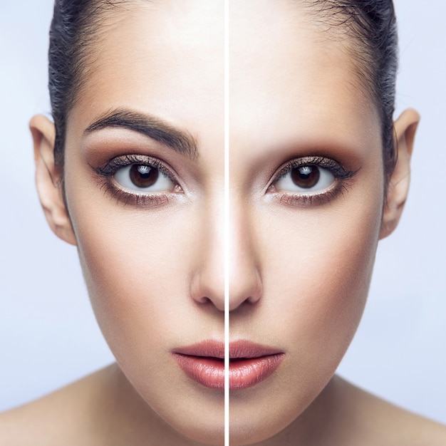 Antes y después del tratamiento de cejas. Primer medio retrato de hermosa mujer morena con cejas y sin, mirando a cámara. tiro del estudio de interior, aislado en backgrond gris.