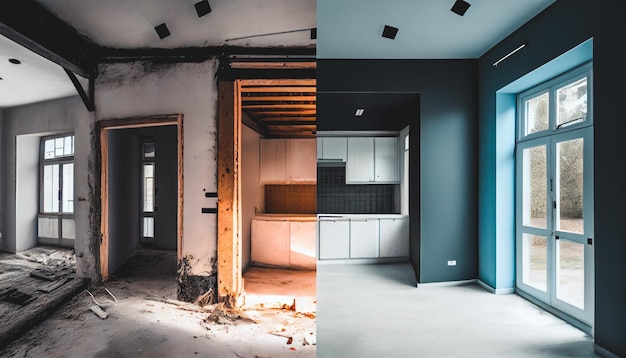 Antes e depois do quarto de apartamento de cozinha moderna em casa reformada