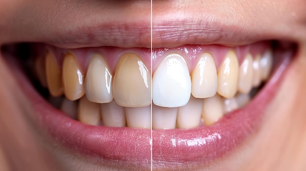 Foto antes e depois do tratamento de branqueamento ou branqueamento dos dentes closeup de sorrisos de jovens fêmeas caucasianas