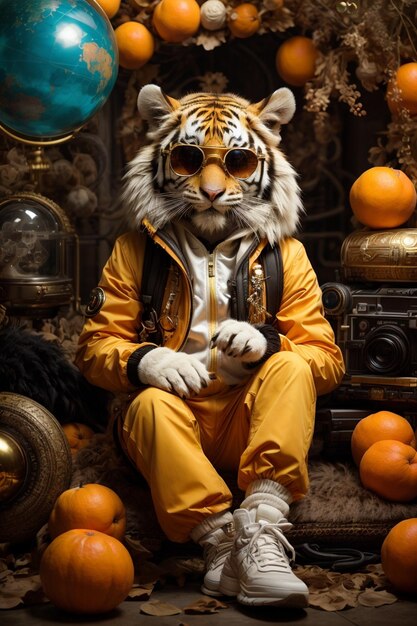 Foto anthropomorph, niedlich, entzückend, charmant, lächelnd, pirat, tiger, cyberpunk, tiercharakter, ai