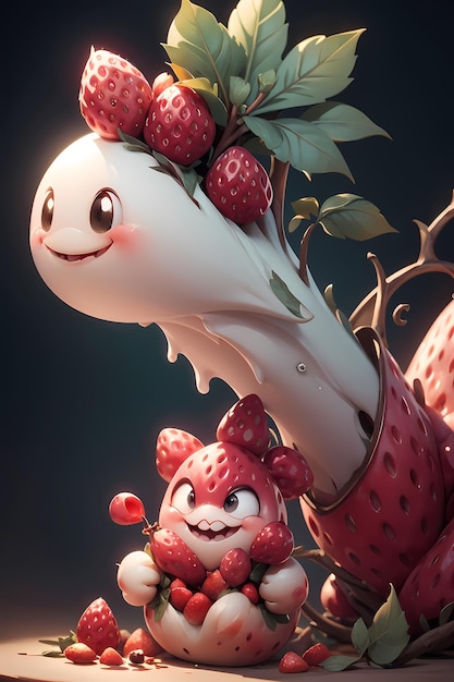 Anthropomorphe Erdbeeren mit einem Smiley-Gesicht auf einem hölzernen Hintergrund
