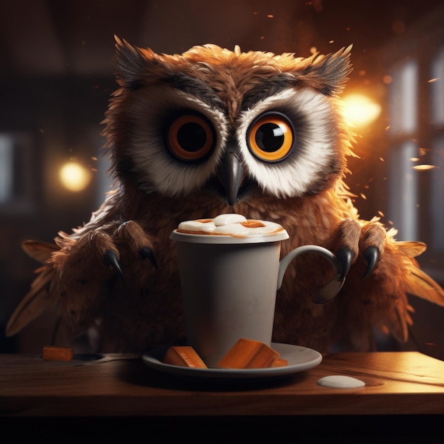 Anthropomorphe Großäugige Eule mit einer Einwegtasse Kaffee