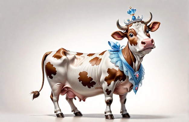 Anthropomorphe Karikatur Kuh in einer Aschenputtel-Kleidung