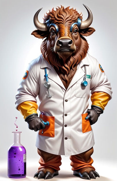 anthropomorphe Karikaturbüffel, die eine Chemie-Kleidung mit chemischen Werkzeugen trägt