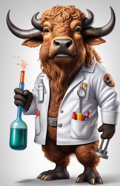 anthropomorphe Karikaturbüffel, die eine Chemie-Kleidung mit chemischen Werkzeugen trägt
