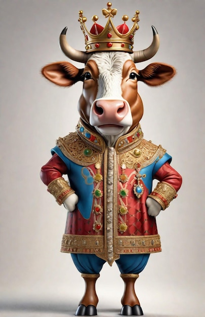Anthropomorphe karikaturische Kuh, die eine Königskleidung und eine Krone trägt, steht und den ganzen Körper sieht