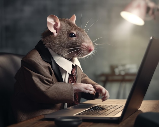 Anthropomorphe Ratte in Geschäftsanzug sitzt an seinem Schreibtisch mit Laptop bei der Arbeit in seinem Büro Realistische generative KI-Illustration