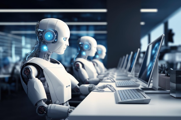 Anthropomorphe Roboter sitzen an Computern in einem Büro Konzept der Konfrontation zwischen Menschen und KI
