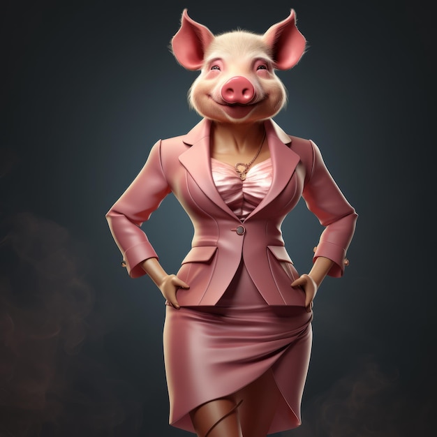 Anthropomorphe Schweinefrau in Kleid und Anzug auf dunklem Hintergrund 3D-Cartoon-Stil