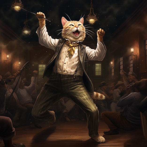 anthropomorphe Tierkatze tanzt auf der Tanzfläche in einer Bar