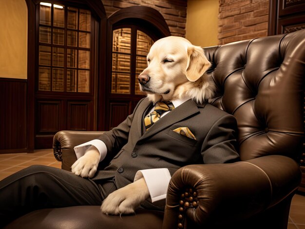 Foto anthropomorpher golden retriever-hund in einem grauen modernen anzug posiert wie für ein berühmtheitsporträt