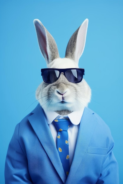 Anthropomorphes stilvolles Kaninchen mit blauem Anzug und schwarzer Sonnenbrille im Studio