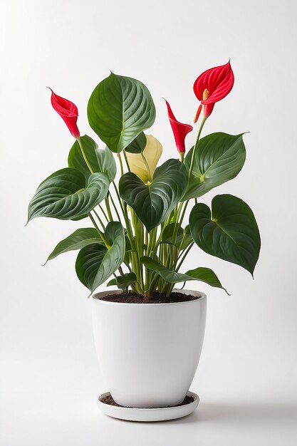 Anthurium en maceta blanca aislado sobre un fondo blanco