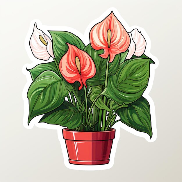 Anthurium planta doméstica en una maceta con flor roja y hojas verdes Adhesivo en un fondo blanco generación de IA