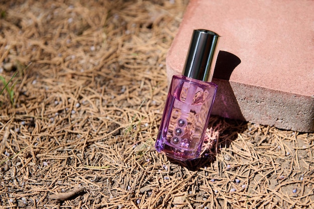 Anti-Aging-Serum in Glasflasche auf Stein mit Sonnenlicht und Nadelbäumen Schatten auf gefallenen trockenen Kiefernnadeln im Hintergrund