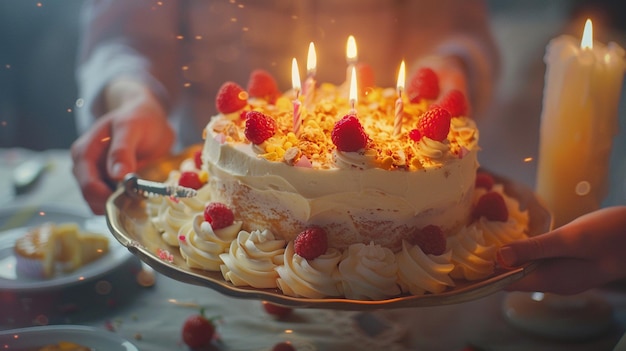 Anticipación del momento de corte del pastel de cumpleaños Persona que sostiene el plato con el pastel