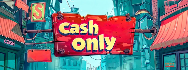 Anticuado cartel de dinero en efectivo en la calle de dibujos animados de colores