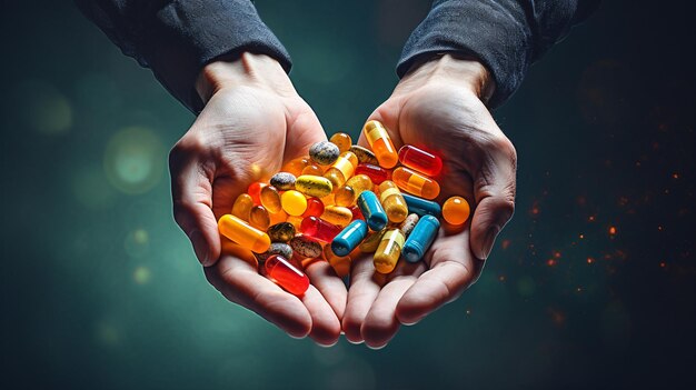 Antidepresivos coloridos vistos desde arriba en manos contra un fondo oscuro
