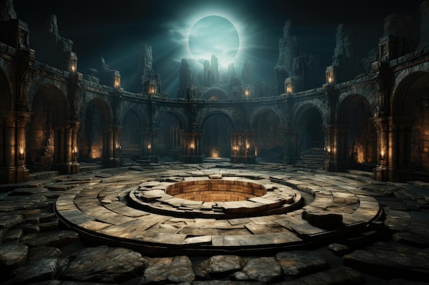 Antiga arena pódio para batalhas colunas de mármore lua e noite Roma antiga