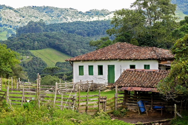 Foto antiga casa de colono na paisagem verde