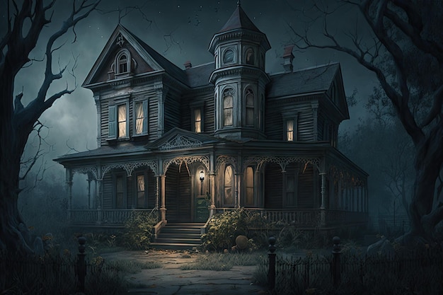 Foto antiga casa de terror com varanda à noite