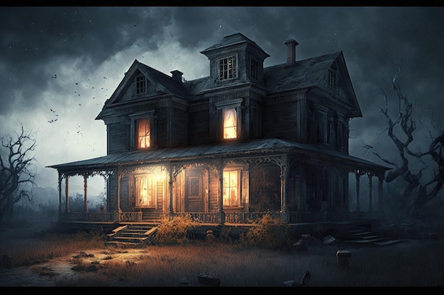 Antiga casa de terror com varanda à noite