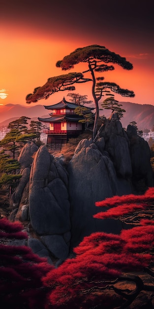 Antiga cidadela no Japão High Rock paisagem com vibrante pôr do sol AIGenerated