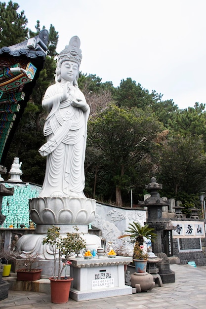 Antiga divindade chinesa da estátua de mazu da deusa do mar para o povo coreano viajantes viajam visita rezando bênção desejo mistério no Templo Sanbangsa em Seogwipo em 18 de fevereiro de 2023 na ilha de Jeju, Coreia do Sul