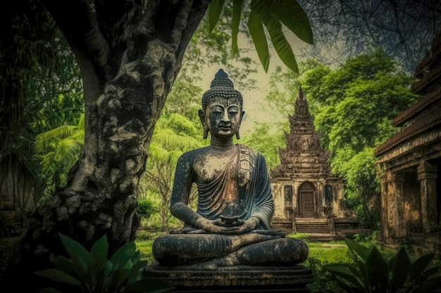 Antiga estátua de buda no jardim do antigo templo budista contra o fundo das árvores criadas com generati