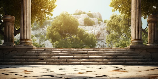 Antiga Grécia antigo pódio de pedra em um parque de fundo com colunas antigas