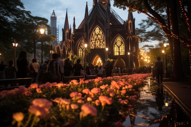 Antiga igreja gótica em Florid Garden vitral brilhante generativo IA