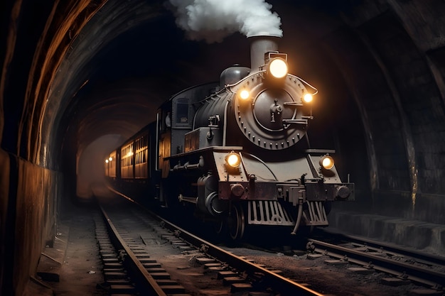 Antiga locomotiva a vapor à noite no túnel