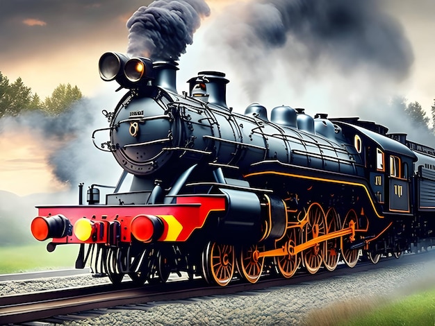 Antiga locomotiva a vapor na ferrovia Fumaça saindo do cano Conteúdo generativo de IA