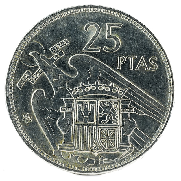 Antiga moeda espanhola de 25 pesetas.