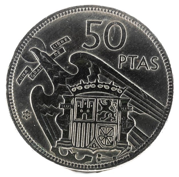 Foto antiga moeda espanhola de 50 pesetas, francisco franco. ano 1957, 59 na estrela. reverter.