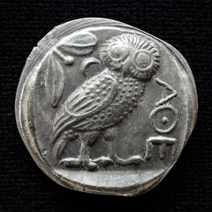 Foto antiga moeda grega mostrando coruja e inscrição atenas