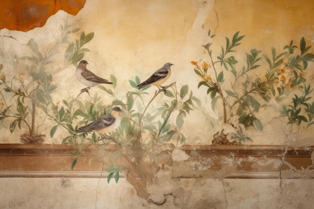 Foto antiga obra-prima de afresco de parede com pássaros em plantas velha obra de arte mural danificada com pássaros em galhos gerar ai