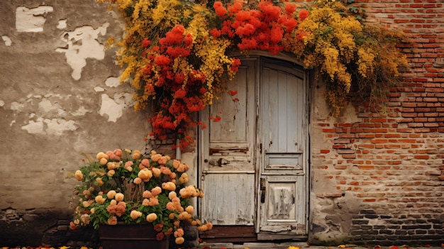 Antiga parede de tijolos vintage com porta enferrujada e flores